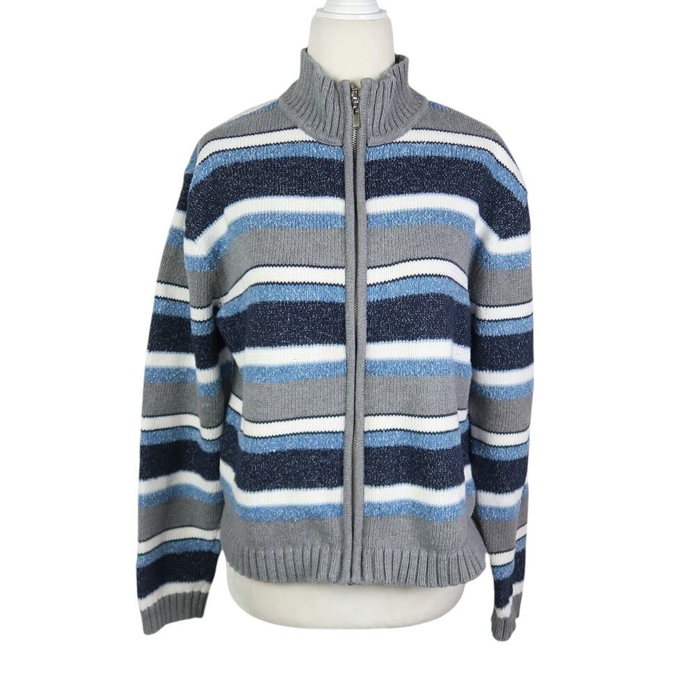Vintage Y2K Liz Claiborne Grey and Blue Stripe Zip Cardigan Sweater L